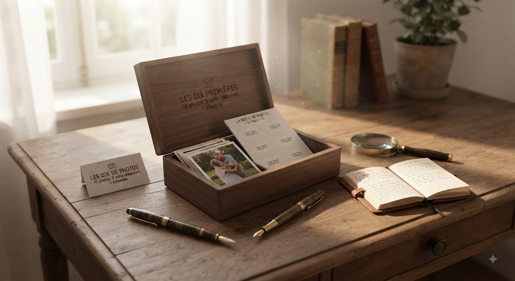 Une petite boîte en bois ouverte, ses dix premières photos et sa planche d’étiquettes à côté d’un carnet.