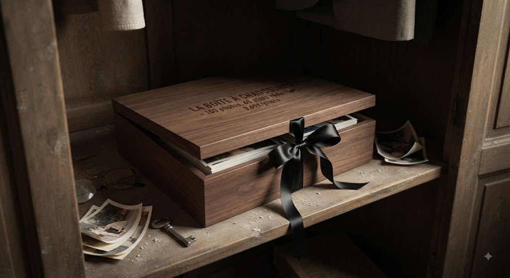 Une boîte à chaussures en bois, pleine de photos, posée sur l’étagère d’une armoire.