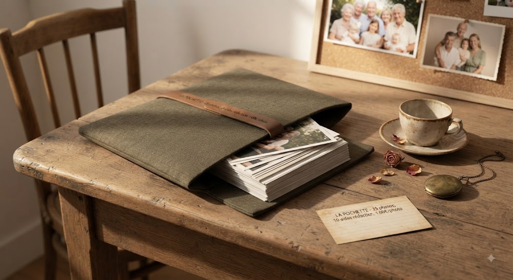 Une pochette de développement ouverte sur une table, une trentaine de tirages qui en dépassent.