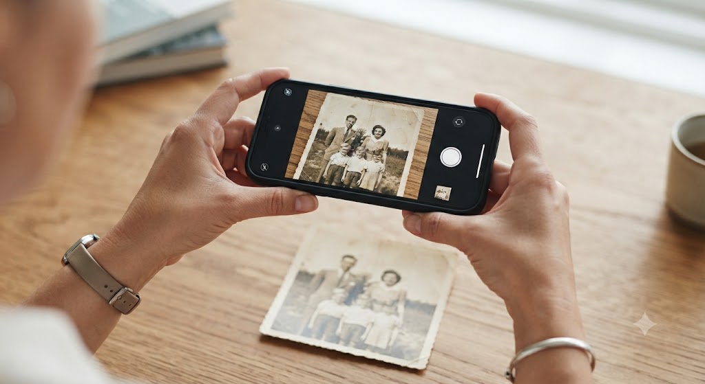Deux mains tiennent un téléphone au-dessus d’un vieux tirage posé sur une table ; l’écran cadre la photo.