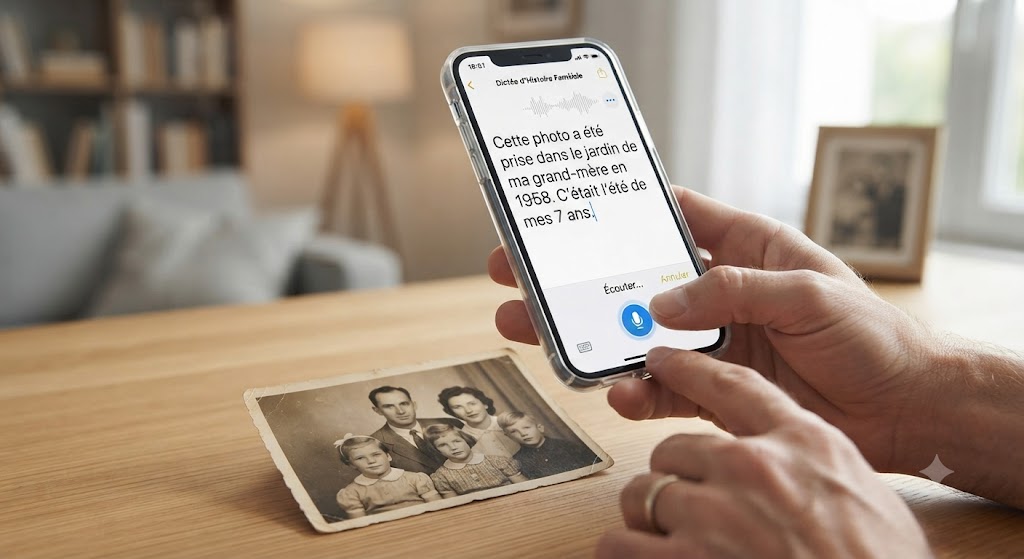 Une main tient un téléphone dont l’écran affiche le souvenir dicté, à côté d’un portrait de famille ancien posé sur la table.