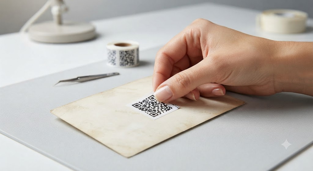 Une main colle une étiquette QR code au dos d’un tirage photo ancien.